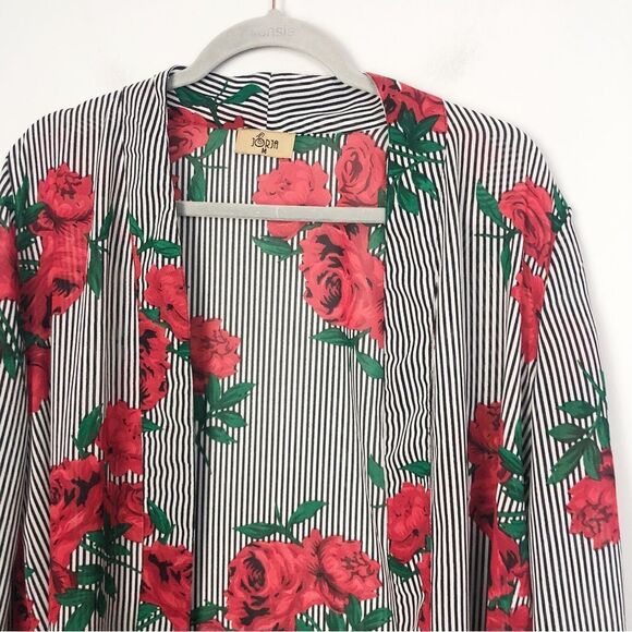 JORJA | Longline Duster Open Front Kimono Stripes & Roses Women’s Size Medium - Picture 3 of 8